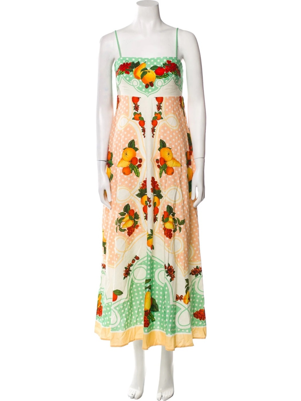 Caroline Constas Peach, Green & Yellow Fruit-Print Spaghetti Strap Maxi Dress